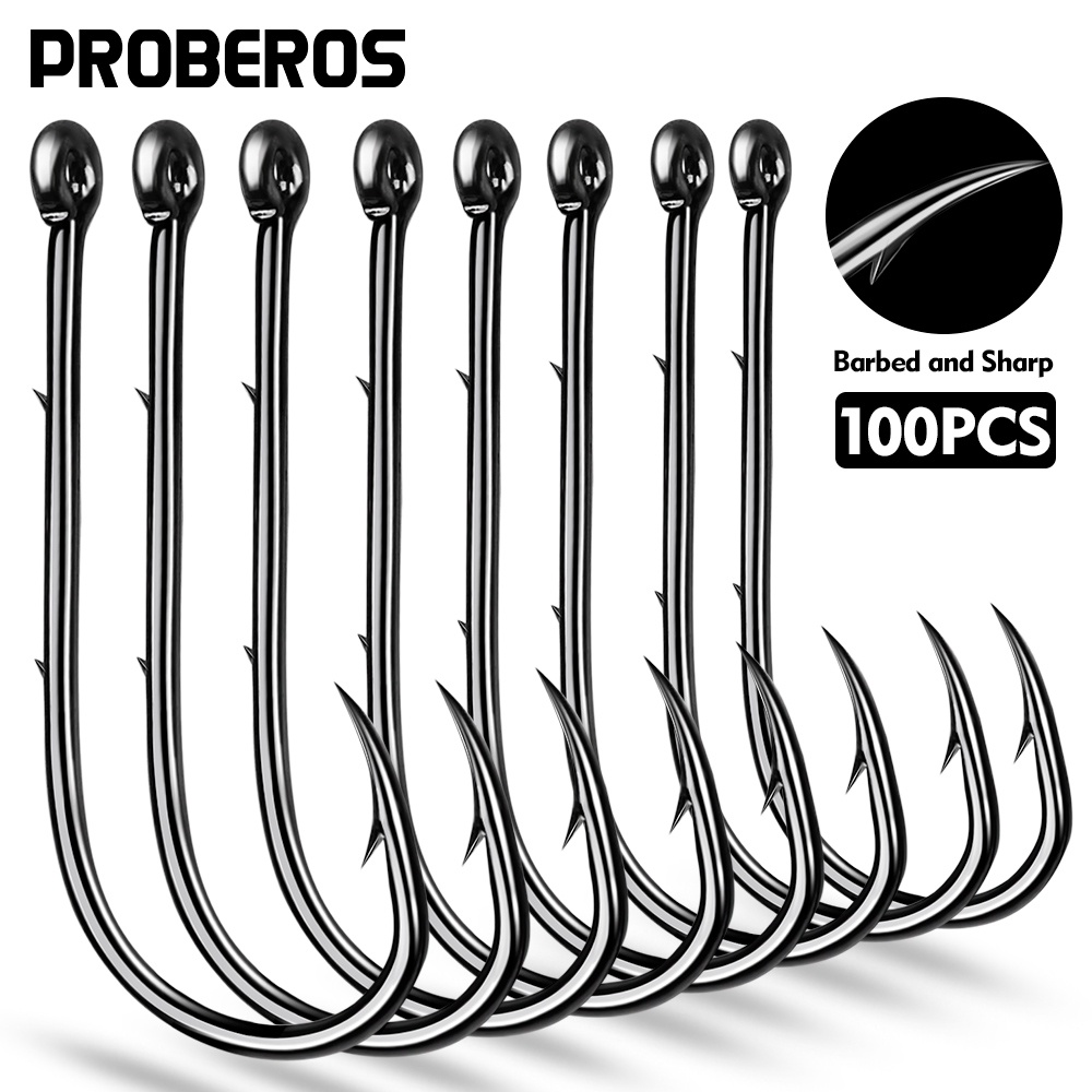 Proberos 100 ชิ้น/ ด้ามจับยาว ล็อตยาวตะขอตกปลาแหวน eyes1 #-16 # สูงเหล็กคาร์บอนหนามปลาตะขอตกปลาเครื่องมือ