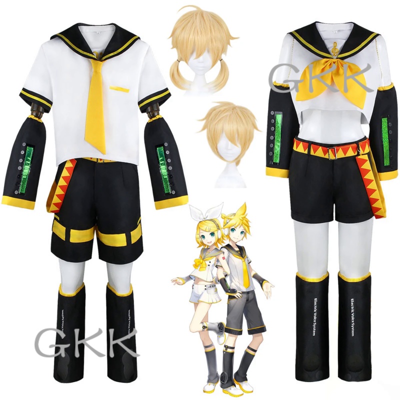 GK Anime Kcagamine Rin Len Cosplay Costumes Brother Sister Uniform Halloween Party Yellow Wigs Chris