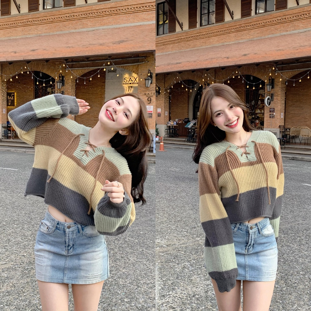 Aurora 🛒พร้อมส่ง🚚 เสื้อไหมพรม แขนยาว ลายทางใหญ่ สีเขียวน้ำตาลเท่ๆ moss green น่ารักกมากกมินิมอลสุด 56091-1