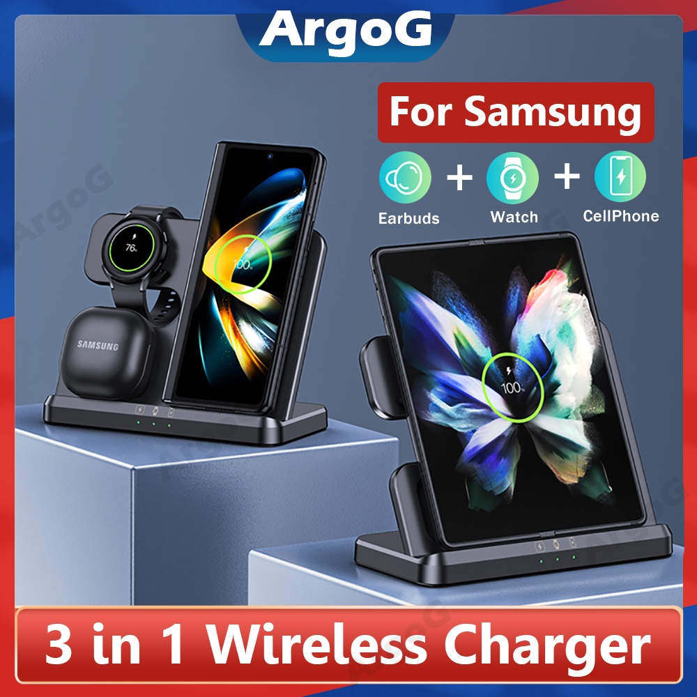 Argog 3 in 1 แท่นชาร์จไร้สาย แบบพับได้ หลายอุปกรณ์ สําหรับ Samsung Galaxy Z Flip 4 3 Z Fold S22 S20 Galaxy Wat