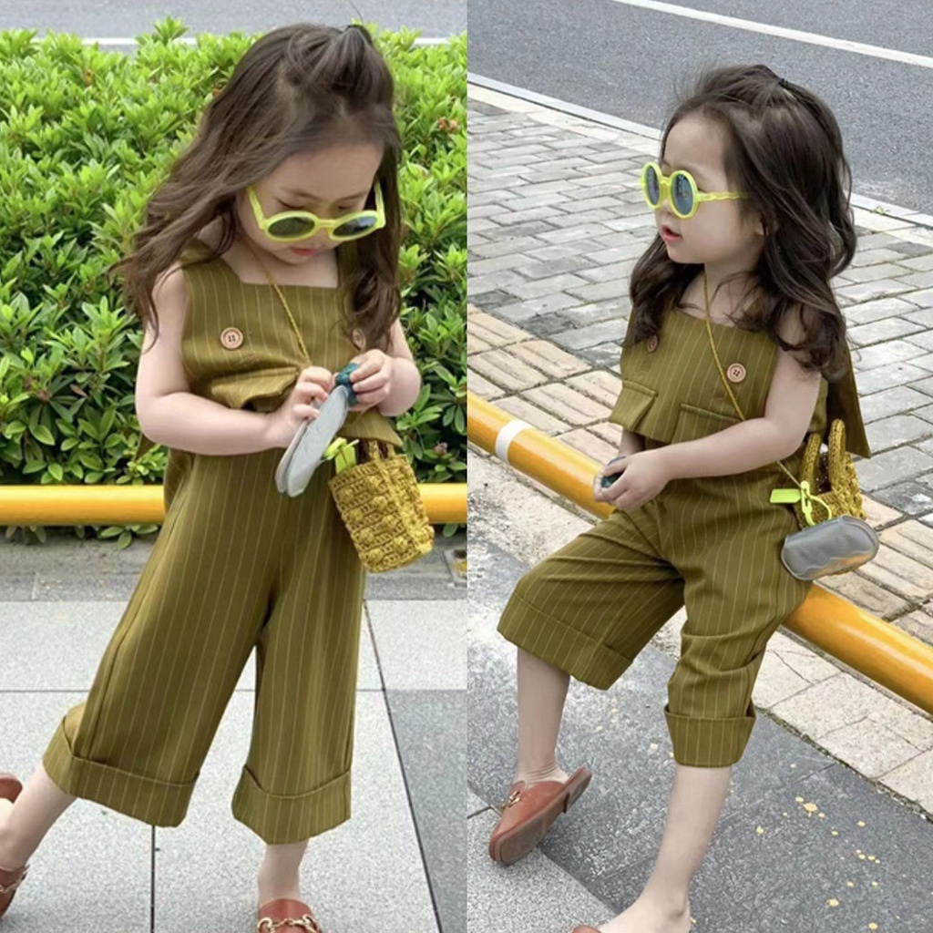 2ชิ้นแฟชั่นเด็กสาวสีเขียวแถบเสื้อกั๊ก+กว้าง-ขา ชุดจั๊มสูท เสื้อผ้าชุด