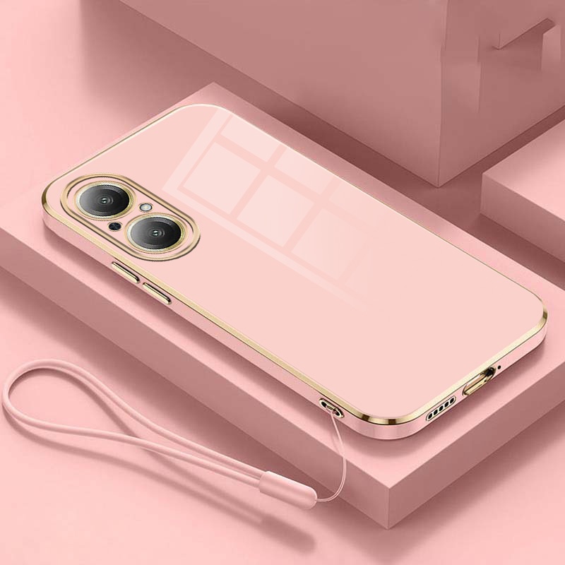 Realme C67 4G C53 C51 C 67 หรูหรา ขอบสี่เหลี่ยม ชุบ ด้านหลัง TPU เคสนิ่ม พร้อมสายคล้อง เคสเคลือบเงา