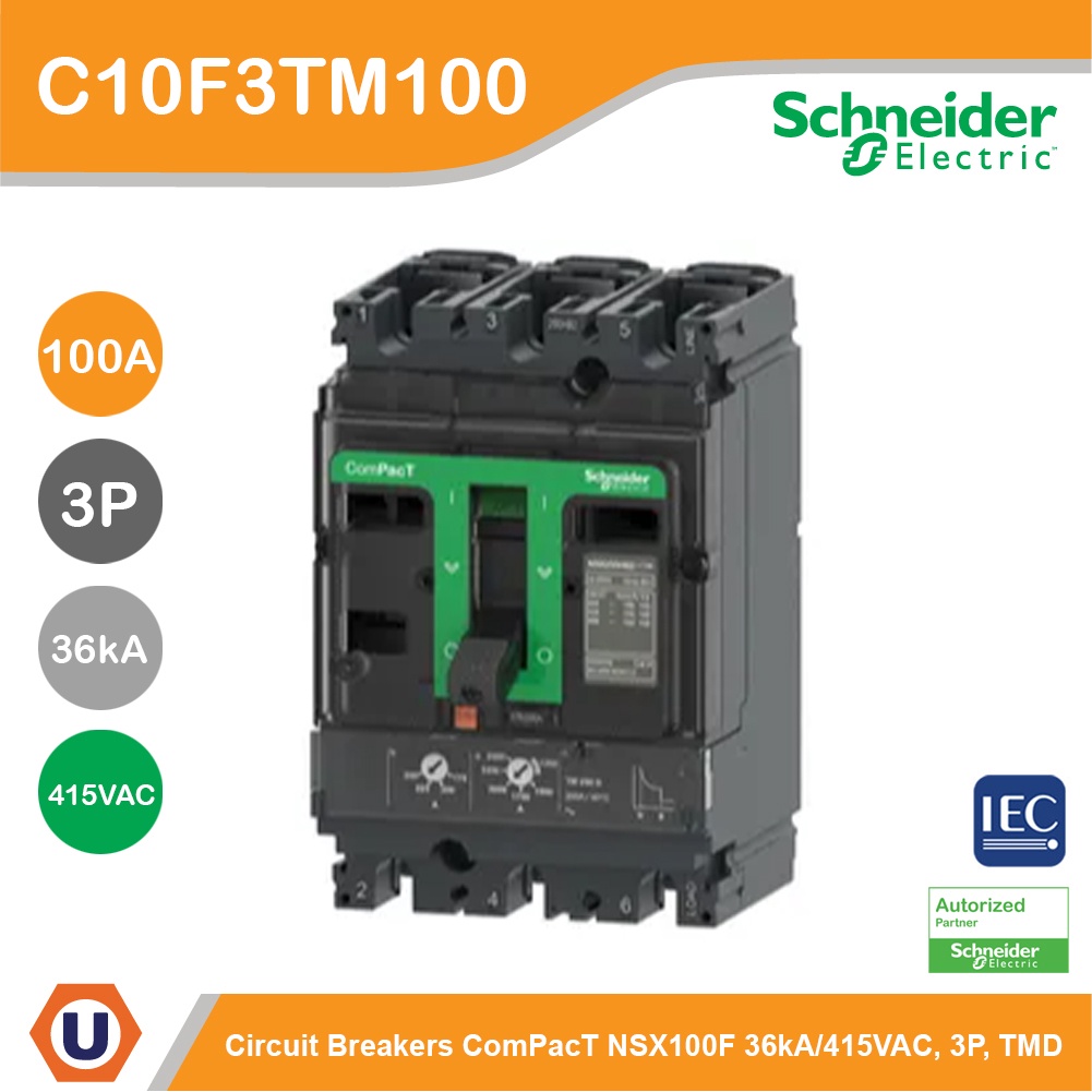 Schneider Circuit breaker, ComPacT NSX100F, 36kA/415VAC, 3 poles, TMD trip unit 100A รหัส C10F3TM100
