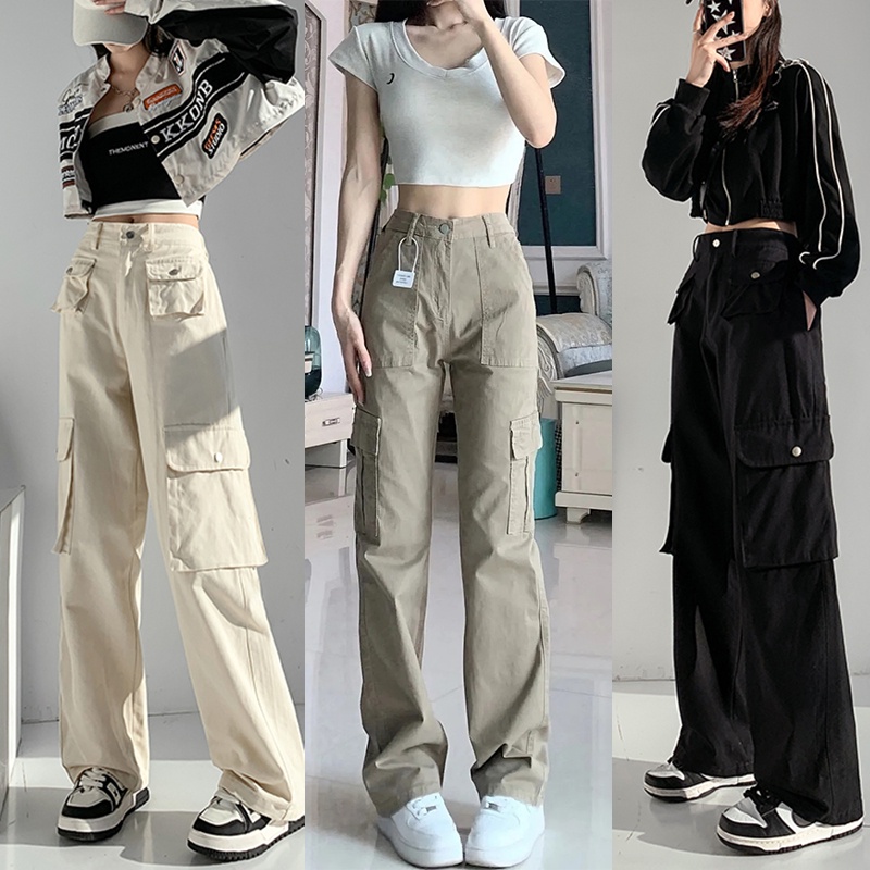Plus Size Khaki High Waist Slim and Straight Jeans Women's Spring High Street 2023 Workwear Pants INS Fashion Cargo pants
