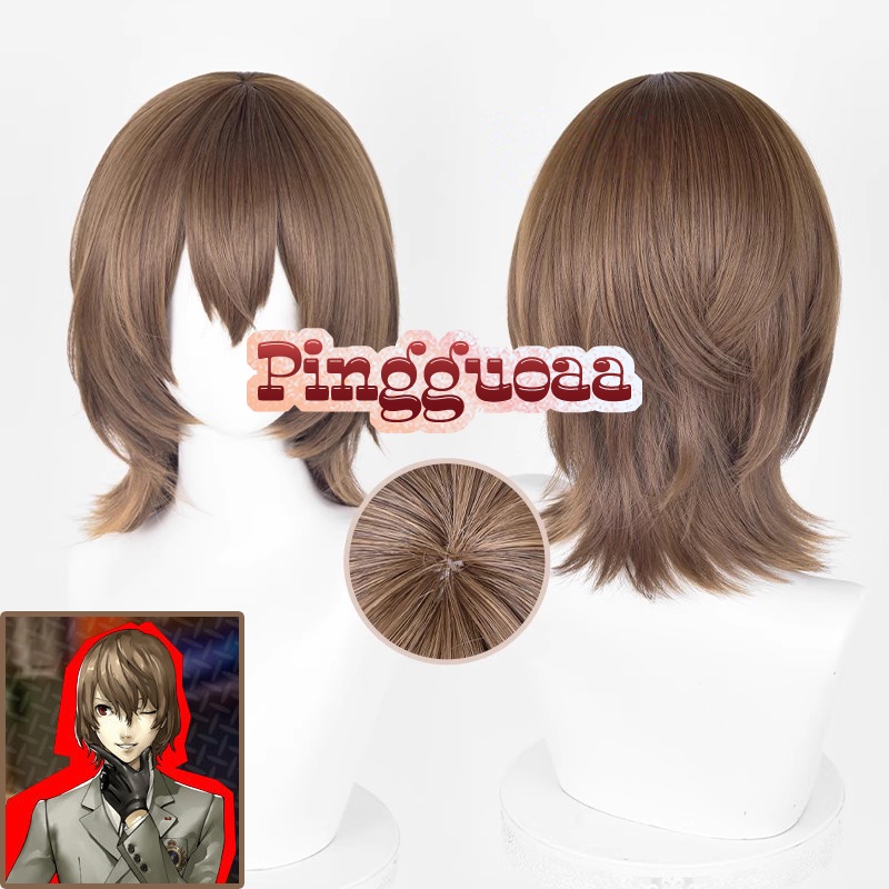 Anime Persona5 Goro Akechi Cosplay Wig 38cm Brown Short Wigs Heat Resistant Synthetic Hair
