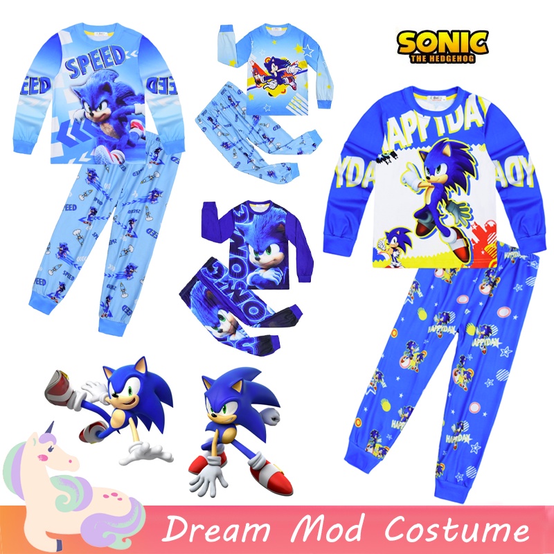 ชุดนอน เสื้อยืด แขนยาว พิมพ์ลาย Super Sonic The Hedgehog สีฟ้าอ่อน และกางเกงขายาว แฟชั่นฤดูใบไม้ผลิ และฤดูหนาว สําหรับเด็กผู้ชาย