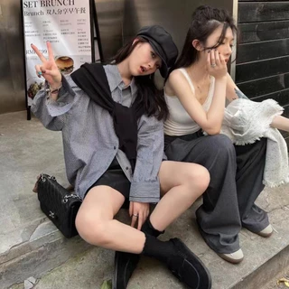 mimi&didi เสื้อเชิ้ตแขนยาว เสื้อแฟชั่นผู้หญิง ลายทาง คอวีสุดชิค สไตล์เกาหลีสุดๆ สำหรับผู้หญิง#W261