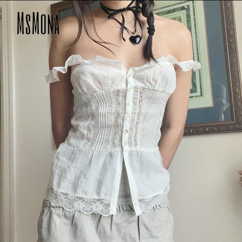 Msmona เสื้อสายเดี่ยวลําลอง เข้ารูป แต่งลูกไม้ สีขาว เซ็กซี่ แฟชั่นสําหรับสตรี 2024