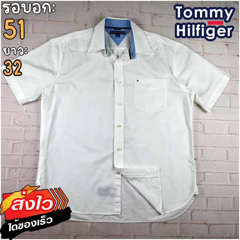 Tommy Hilfiger®แท้ อก 51 เสื้อเชิ้ตผู้ชาย ทอมมี่ ฮิลฟิกเกอร์ สีขาว แขนสั้น เนื้อผ้าดี