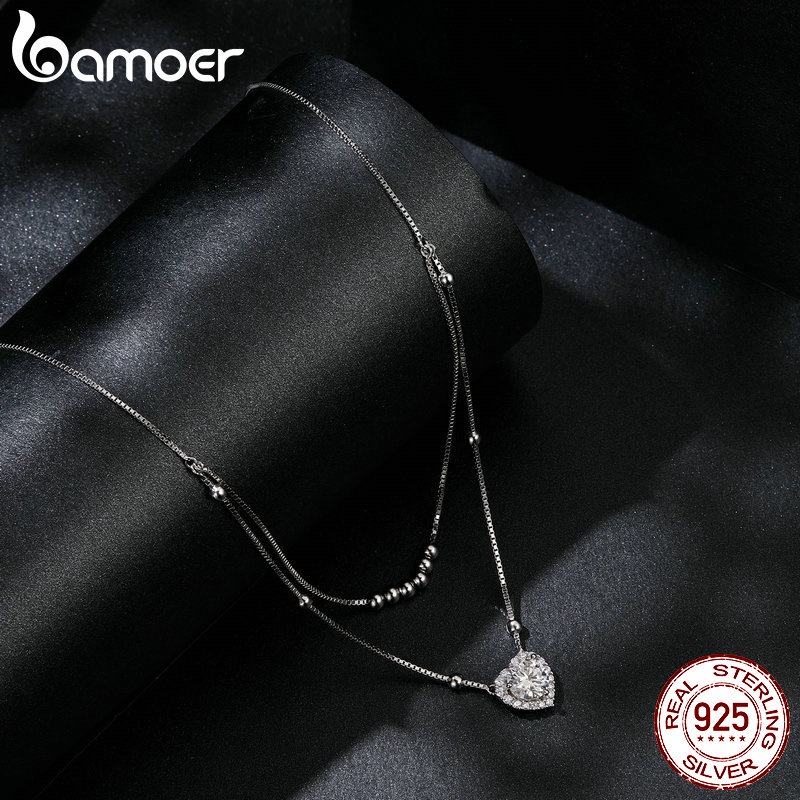 Bamoer สร้อยคอเงินสเตอร์ลิง 925 1ct สองชั้น เครื่องประดับ สําหรับผู้หญิง