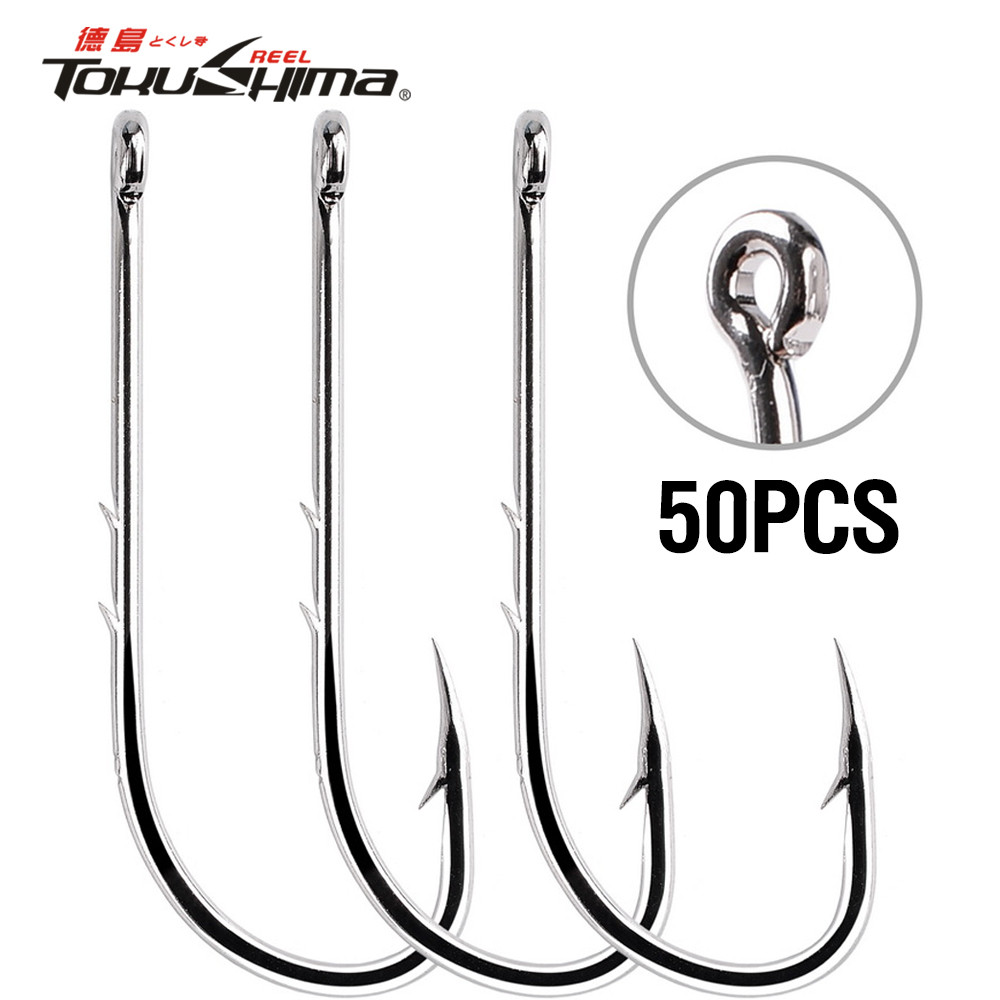 50ชิ้น/กล่องเหล็กคาร์บอนสูงตะขอตกปลาsharpยาวhanded Fishhook Fishing Tackleหนอนวงกลมเดียวตะขอคู่กลับหนาม