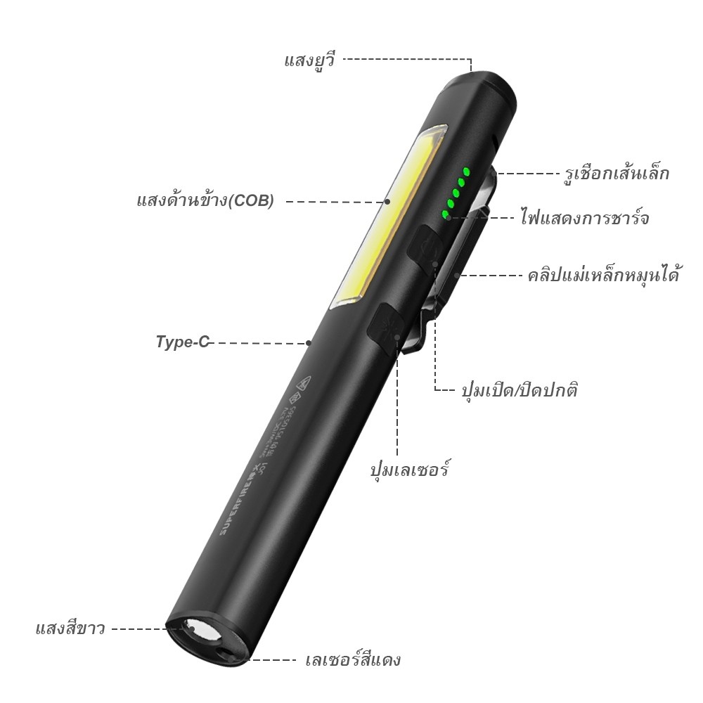 ของเล่นแมว SUPERFIRE J01 4 In 1 (UV/LED/COB) ไฟฉาย LED USB ชาร์จระยะไกล ปากกาเลเซอร์สีแดงกำลังแรงสูง