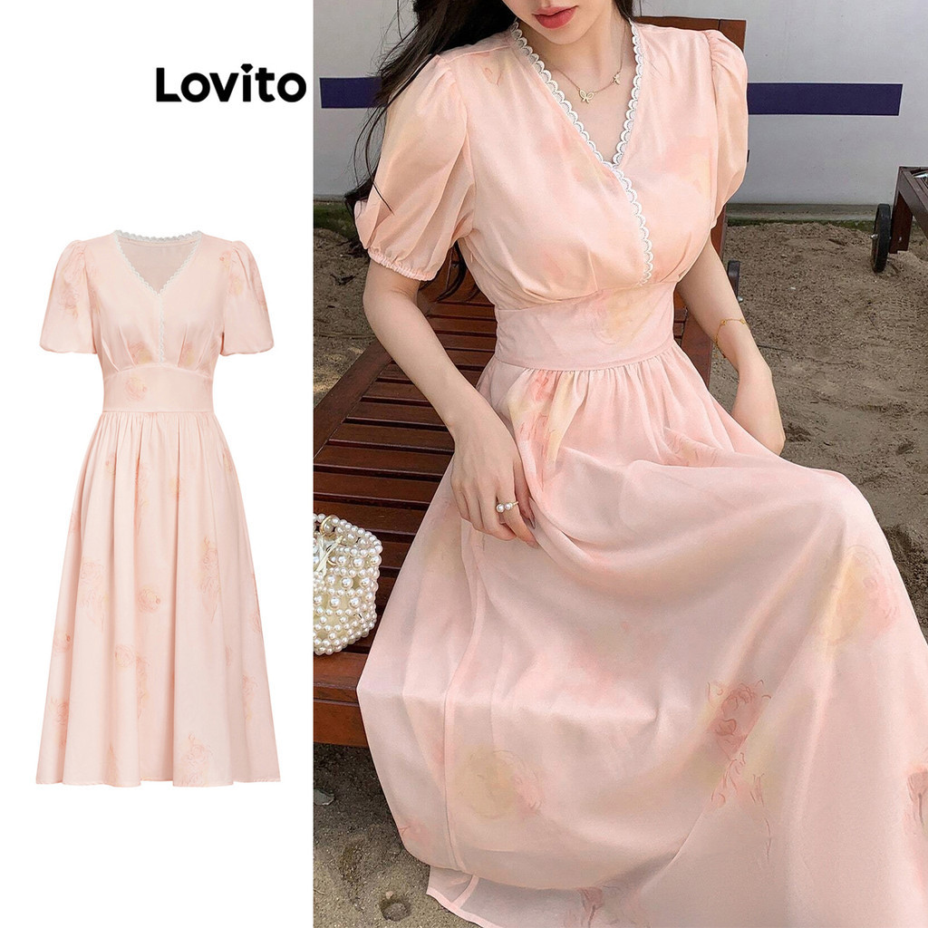 Lovito ชุดเดรสลูกไม้ธรรมดาโบโฮสำหรับผู้หญิง L100MD232