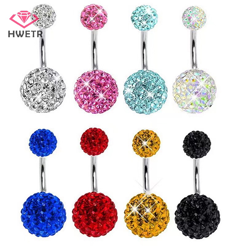HWETR 1PCS คริสตัล Belly ปุ่มแหวนสแตนเลส Zircon Navel Belly น่ารัก Navel Bar ใหม่