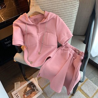 ชุดเสื้อสูทกระโปรงสั้น มีฮู้ด สีชมพู เหมาะกับฤดูร้อน สําหรับสตรี