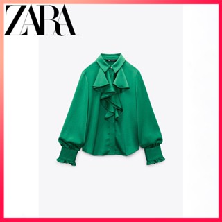 Zara ใหม่ เสื้อเชิ้ต ผ้าซาติน ผ้าไหม ตกแต่งเลเยอร์ สําหรับผู้หญิง