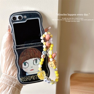 เคสโทรศัพท์มือถือแบบนิ่ม ใส กันกระแทก พร้อมสายคล้องมือ และสายคล้อง ลาย Yoshimoto Nara สําหรับ Samsung Galaxy Z Flip 5 4 3 5G Z Flip5 Flip4 Flip3