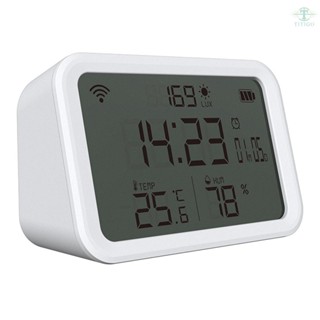 Tuya WiFi Temperature Humidity Light Detection Alarm Clock 4 In 1 Intelligent Sensors Home Household Desk Bedroom Living Room Temerature Humidity Sensors Time Date Display Mobilephone APP Remote Checking