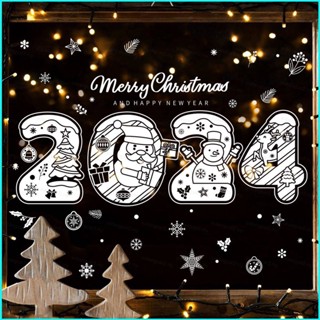 สติกเกอร์ ลายการ์ตูน Merry Christmas 2024 ซานตาคลอส กวางเอลก์ สโนว์แมน สีขาว สําหรับตกแต่งหน้าต่าง