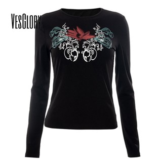 Vesglory เสื้อครอปท็อป แขนยาว คอกลม พิมพ์ลาย สีพื้น ทรงสลิมฟิต แฟชั่นสําหรับผู้หญิง 2023