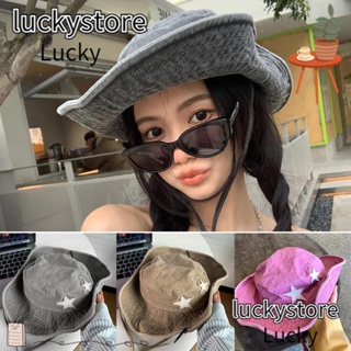 Lucky หมวกคาวบอย ผ้ายีน แต่งกลิตเตอร์ ขนาดใหญ่ พับได้ สีชมพู สไตล์พังก์ ตะวันตก สําหรับผู้หญิง และผู้ชาย