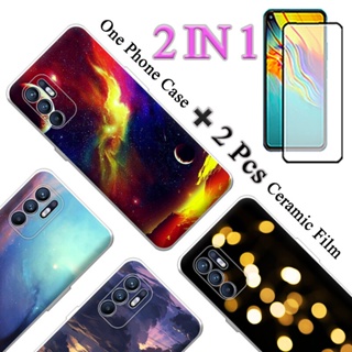 2 IN 1 OPPO Reno 6 4G เคสนิ่ม พิมพ์ลาย พร้อมกระจกนิรภัยโค้ง เซรามิก ป้องกันหน้าจอ