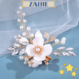 Zaijie24 เครื่องประดับผม กิ๊บติดผม โลหะ ไข่มุกคริสตัล พลอยเทียม ลายดอกไม้ สีขาว สําหรับผู้หญิง