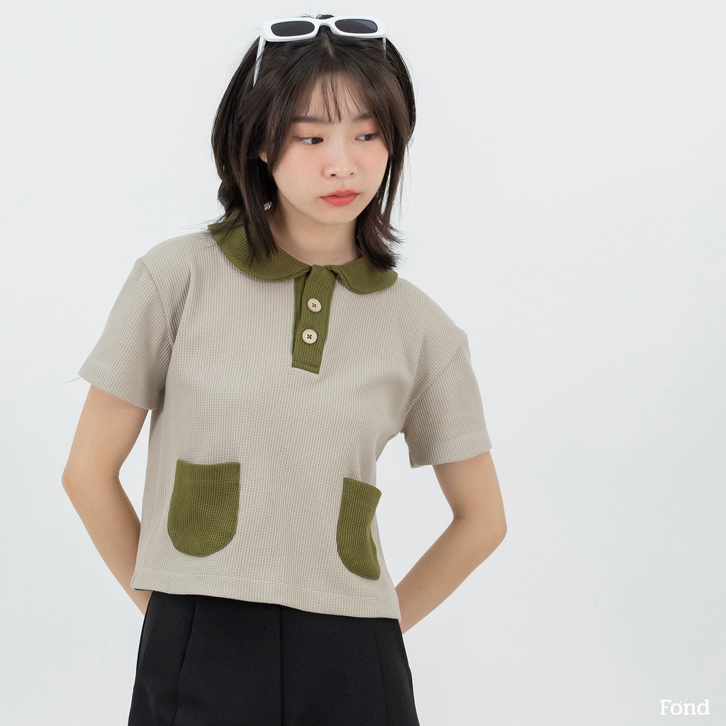Fond - เสื้อโปโล กระเป๋าหน้าคู่ ผ้าวาฟเฟิล สีทูโทน เนื้อผ้านุ่ม