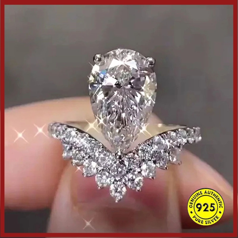 New Crown Inlaid Water Drop แหวนแพลทินัมหุ้มทองแดง Moissanite