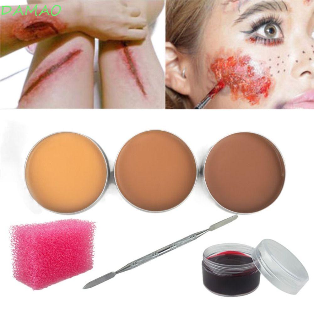 Damao ชุดแต่งหน้าฮาโลวีน พร้อมไม้พาย เจลเลือดปลอม 3 สี แผลเป็นปลอม แผลเป็น การสร้างแบบจําลองจมูก 60 กรัม แบบมืออาชีพ เจลเลือดปลอม และแว็กซ์ผิวหนังเวที