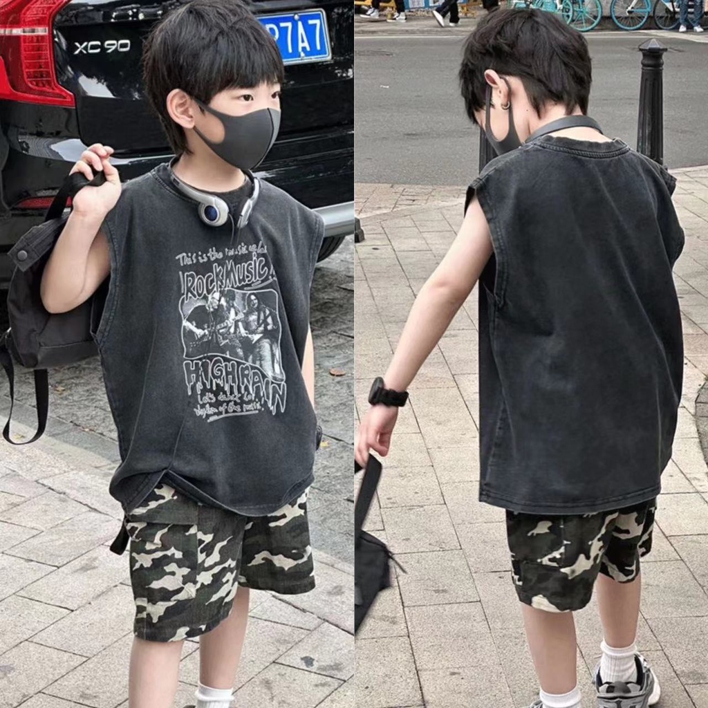 ✨✨【พร้อมส่ง】เสื้อยืดแขนกุด คอกลม ทรงหลวม พิมพ์ลาย 3-12 ปี สไตล์อเมริกัน แฟชั่นฤดูร้อน สําหรับเด็กผู้ชาย