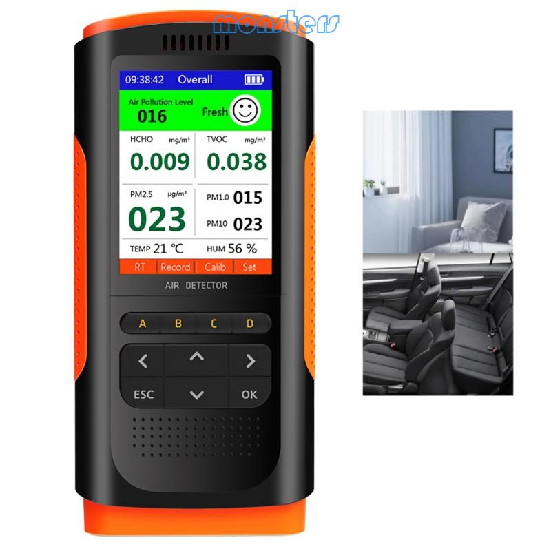 Mon เครื่องตรวจจับฟอร์มาลดีไฮด์ดิจิทัล แบบมือถือ PM2 5 Pm10 PM1 TVOC เซนเซอร์ สําหรับทดสอบคุณภาพอากาศในบ้าน