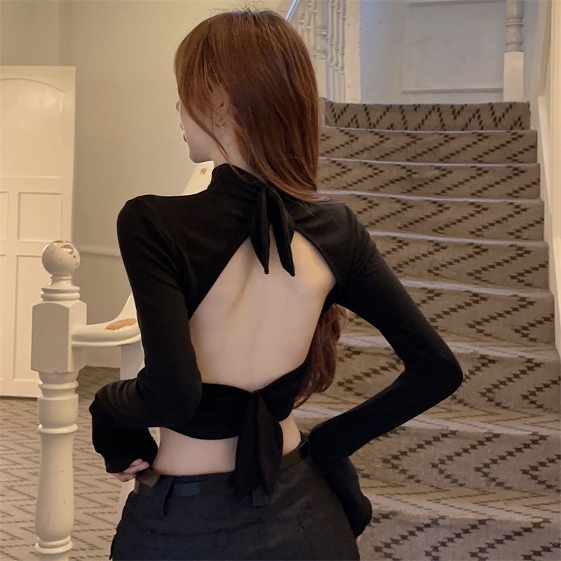 เสื้อยืดแขนยาว เปิดหลัง ทรงไม่สมมาตร สีพื้น สําหรับผู้หญิง