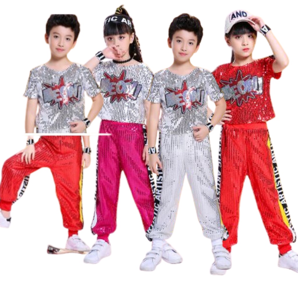 พร้อมส่ง ชุดแดนซ์ ชุดเต้น เสื้อครอปแขนสั้น +กางเกงขายาว ปักเลื่อม ปักอักษร MEOW