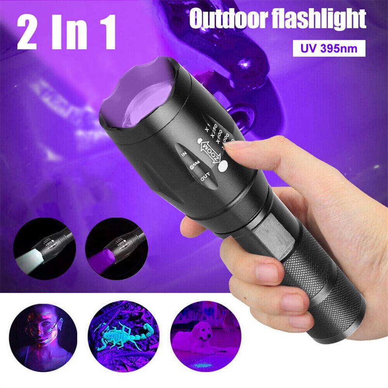 2 IN 1 ไฟฉาย UV สีม่วง สีขาว แสงคู่ 395nm ไฟฉายอัลตราไวโอเลต ซูม ไฟฉายตรวจจับแสง โคมไฟ สําหรับคราบสัตว์เลี้ยง