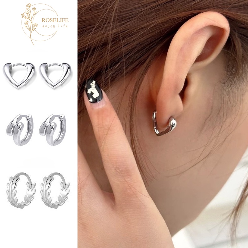 Roselife ต่างหูห่วงเงิน S925 ทรงกลม เรขาคณิต หัวใจ กันแพ้ สไตล์เกาหลี เครื่องประดับ สําหรับผู้หญิง
