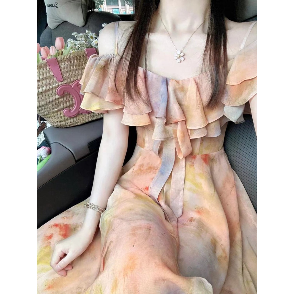 ชุดเดรสกระโปรงยาว แขนยาว เอวแคบ พิมพ์ลายมัดย้อม สีส้ม สไตล์ฝรั่งเศส สําหรับสตรี 2023