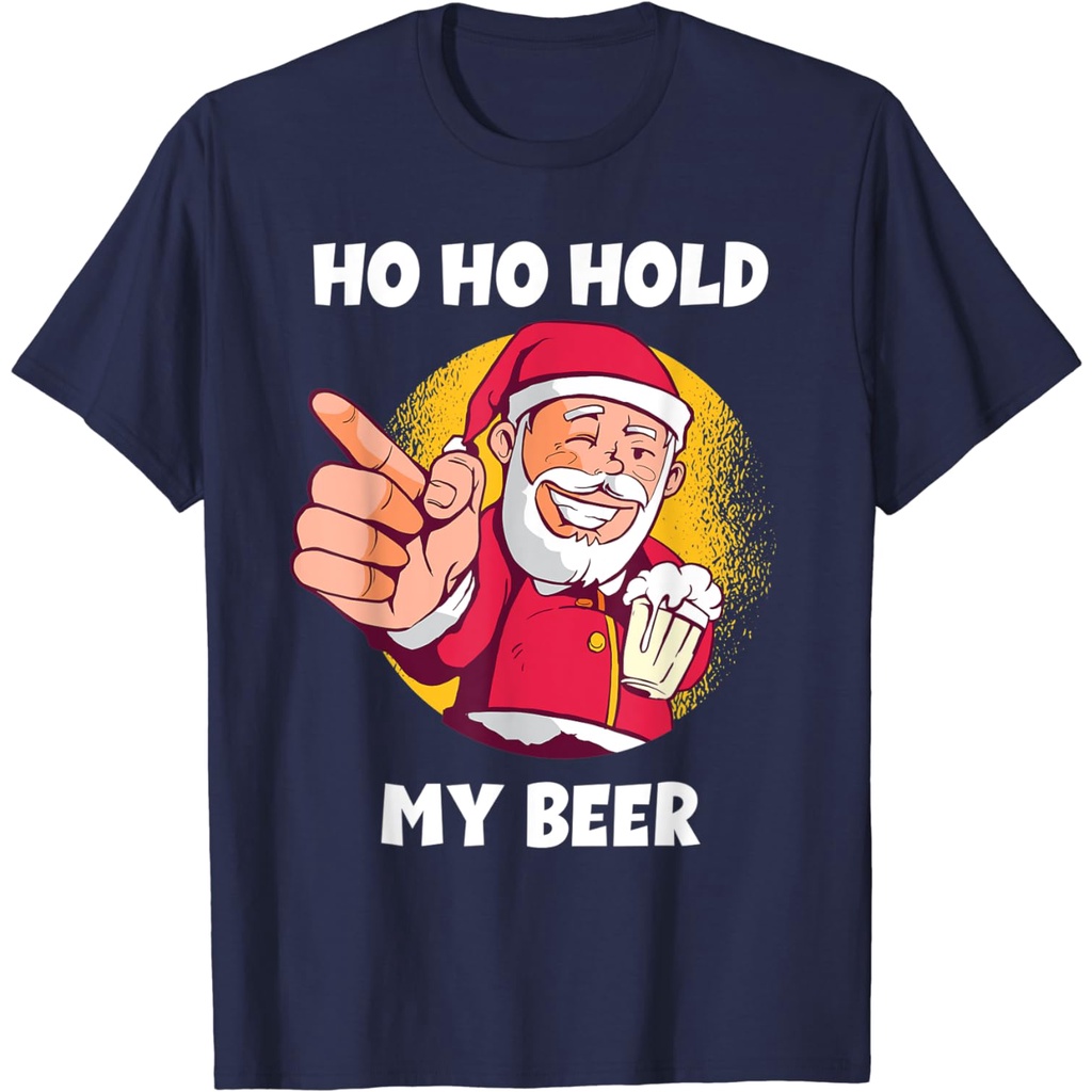 เสื้อยืดผ้าฝ้ายผู้ชาย Ho Ho Hold My Beer Santa In July Christmas In July Drinking T-Shirt 4XL , 5XL 