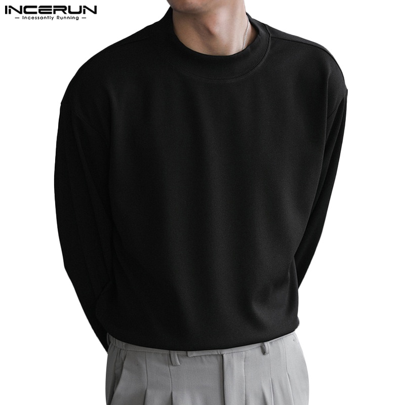 Incerun เสื้อยืด แขนยาว ลายทาง สีพื้น สําหรับผู้ชาย