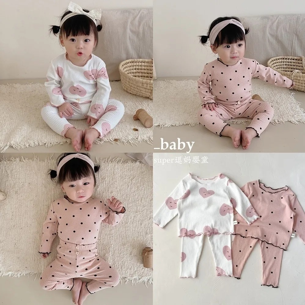 [ML] 80-130 ซม. เด็กผู้หญิง ชุดอยู่บ้าน ฤดูใบไม้ร่วง สไตล์ใหม่ เด็กผู้หญิง แขนยาว ผ้าเรยอน ริบบิ้น ลายทาง ชุดนอน สองชิ้น ชุดขอบเชื้อรา