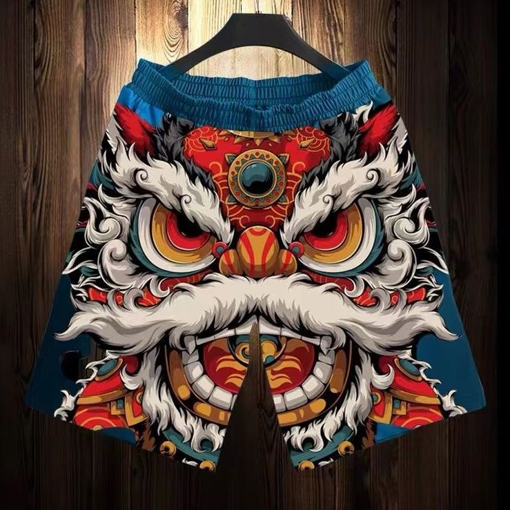 กางเกงขาสั้น ทรงหลวม ลายโลโก้เชิดสิงโต สีแดง สําหรับผู้ชาย 2023.2.12