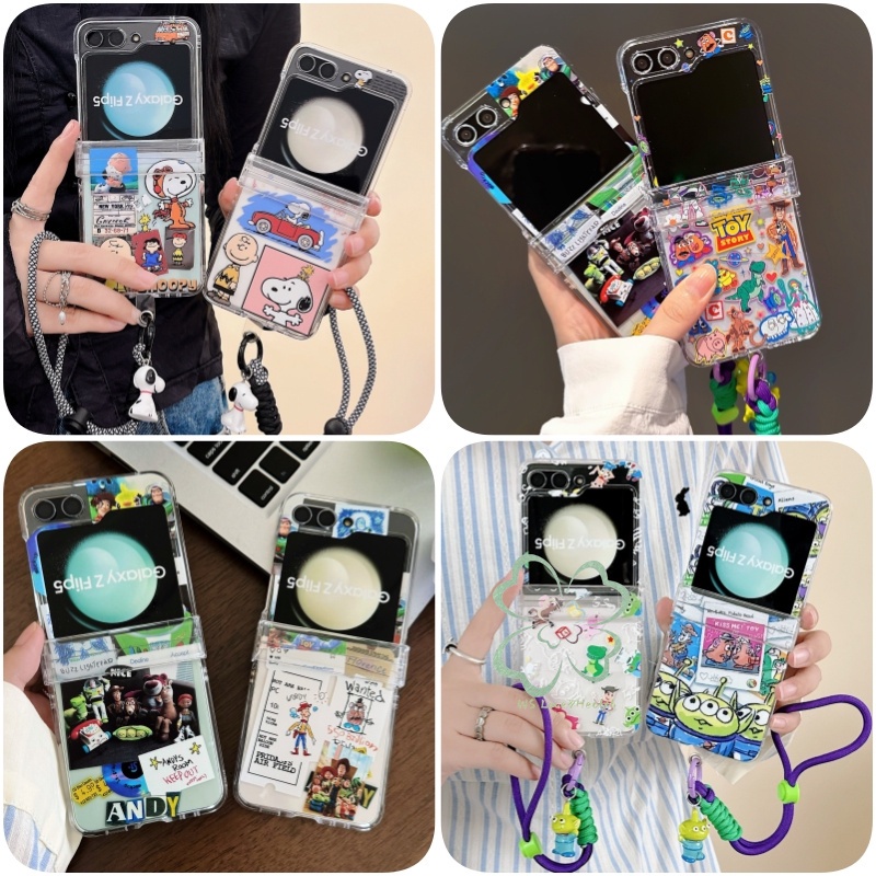 SAMSUNG การ์ตูนน่ารักทาสีเชือกเส้นเล็กเคสใส ซัมซุง กาแลคซี Z พลิก 6 Z พลิก 5 Z พลิก 4 ปลอกพร้อมสายรัดบานพับใสฮาร์ดพีซีกันกระแทกฝา