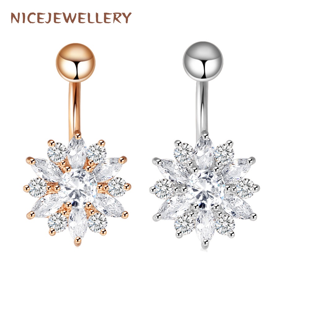 1pc คริสตัลดอกไม้รูปแบบแหวนสะดือ 3 สีสแตนเลส Belly ปุ่มแหวน 14G Antiภูมิแพ้ Navel เจาะ
