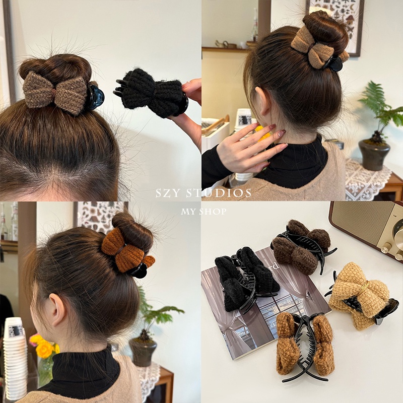 กิ๊บติดผมหางม้า ผ้าวูล ประดับโบว์ ขนาดใหญ่ แฟชั่นฤดูใบไม้ร่วง และฤดูหนาว สไตล์เกาหลี