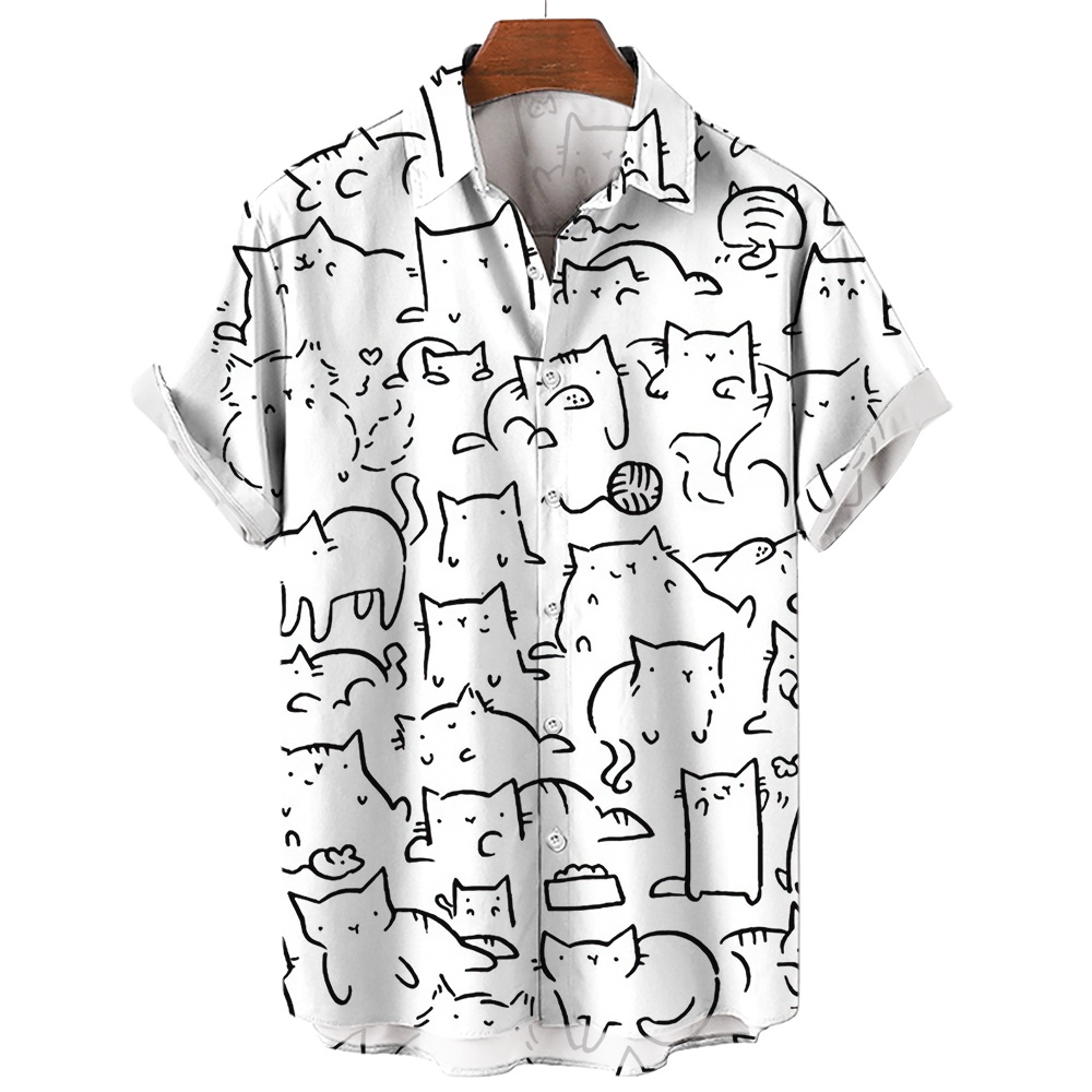 เสื้อเชิ้ตแขนสั้น แบบบาง ระบายอากาศได้ดี พิมพ์ลายแมวน่ารัก แฟชั่นฤดูร้อน สไตล์ยุโรป สําหรับผู้ชาย