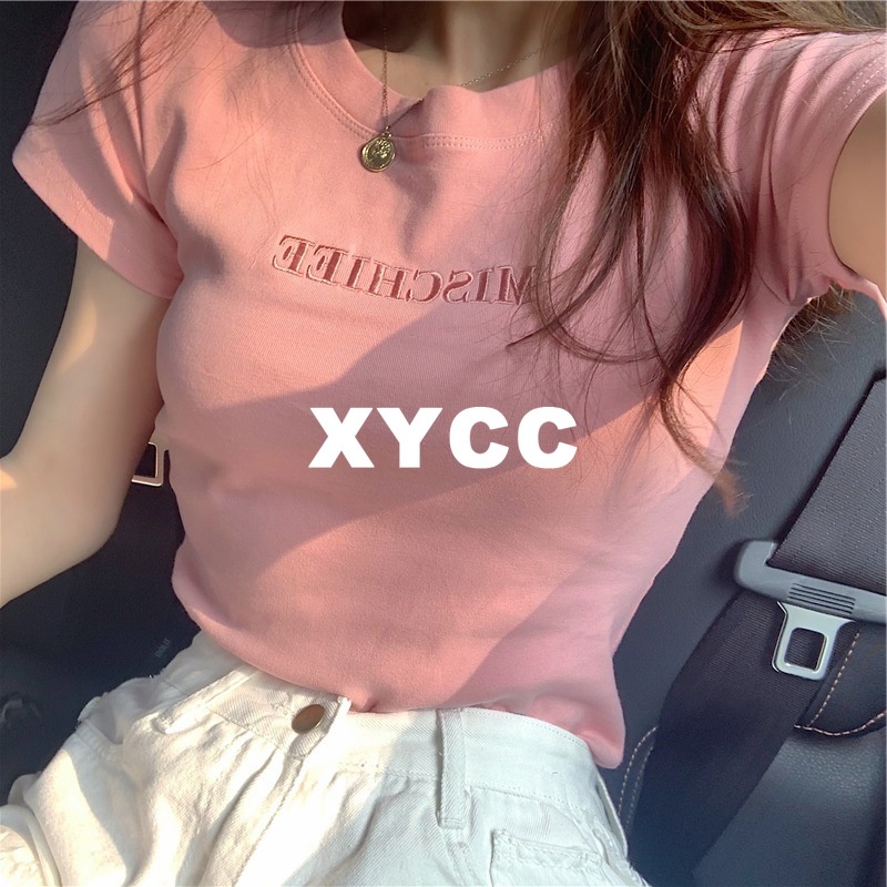 เสื้อยืดแขนสั้น เข้ารูป ปักลายตัวอักษร สไตล์เกาหลี สําหรับผู้หญิง