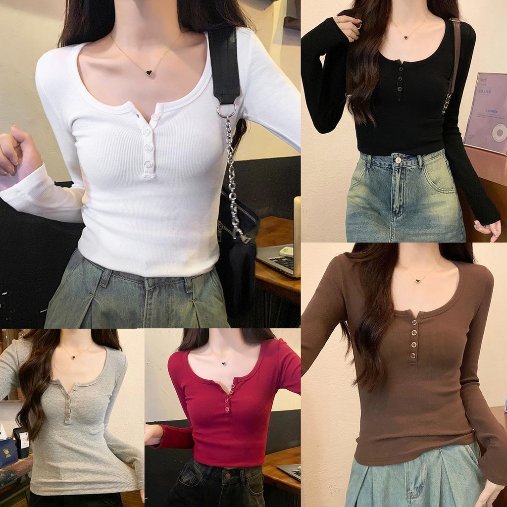 KOKO 1044 เสื้อไหมพรมครอปแขนยาวสีธรรมดา เสื้อครอปสีขาว Y2Kคอเหลี่ยมเซ็กซี่ ย้อนยุค ผ้าลูกฟูก มีกระดุม สไตล์รัดรูปนิดๆ