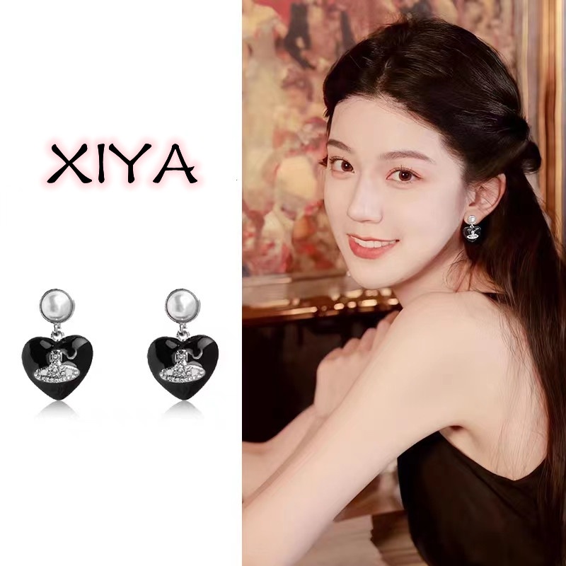 Xiya ต่างหูเพทาย รูปหัวใจ พีช สีดํา สไตล์ฝรั่งเศส คลาสสิก อเนกประสงค์