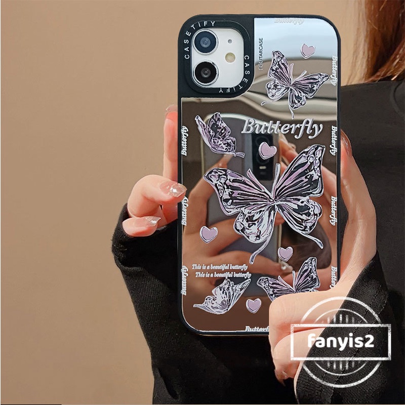 เคสป้องกันโทรศัพท์มือถือ แบบนิ่ม ลายผีเสื้อ มีกระจก สําหรับ iPhone 15 14 13 11 12 Pro Max 8 7 XR XS Max SE 2020