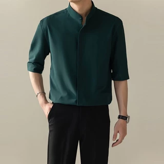 เสื้อเชิ้ตลําลอง คอตั้ง เข้ารูป แฟชั่นฤดูร้อน สําหรับผู้ชาย